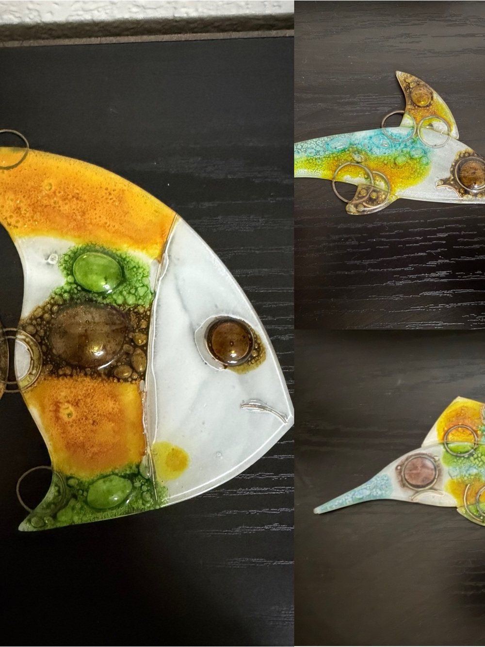 Set of 3 Vintage Mid Century Fused Art Glass Fish Wall Plaques, Higgins Style